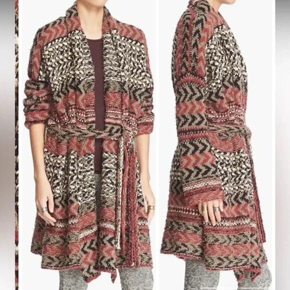 Free People Iona Long Belted Cardigan Sweater Boho Knit Multicolor Size Small - Picture 1 of 8